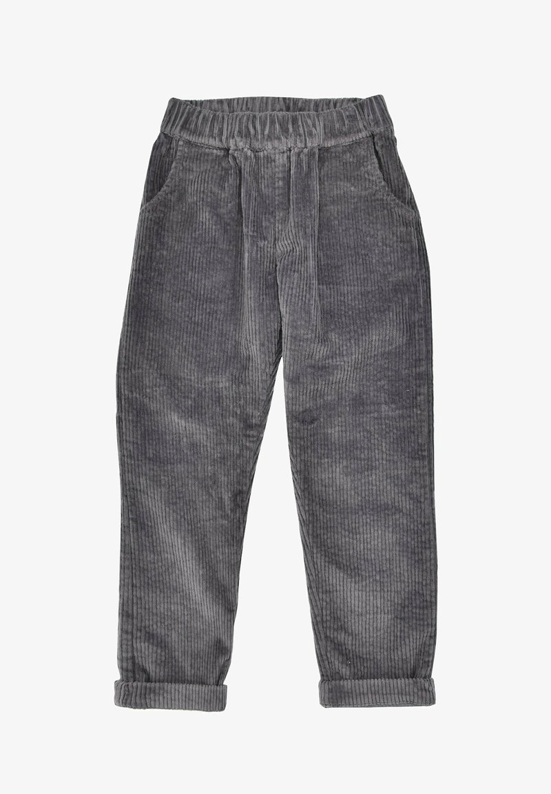 Graue Cordhosen mit strukturiertem Material, ausgestattet mit einem elastischen Bund, seitlichen Taschen und umgeschlagenen Säumen am Ende.