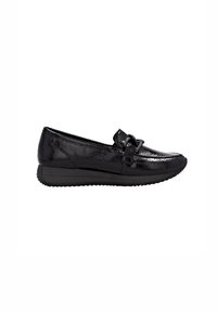 Black leather loafers with a textured finish, low wedge sole, and decorative strap featuring a circular buckle. Smooth, glossy texture.