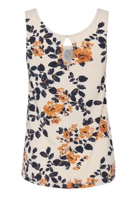 Haut sans manches à fleurs de couleur crème avec des fleurs bleu marine et orange, doté d'un détail en trou de serrure dans le dos et d'une texture de tissu douce et lisse.