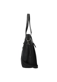 Zwarte leren handtas met een zachte textuur, slank profiel, verstelbare schouderband en zilveren hardware accenten aan de bovenkant.