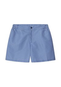 Pantaloni da bagno blu con un motivo geometrico bianco, vita elasticizzata e chiusura a singolo bottone. Il tessuto è leggero e morbido.