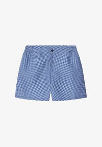 Shorts de baño azules con un patrón geométrico blanco, cintura elástica y cierre de botón único. La tela es ligera y suave.