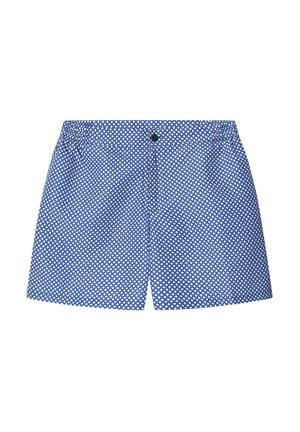 Shorts de bain bleus avec un motif géométrique blanc, taille élastique et fermeture à un bouton. Le tissu est léger et lisse.
