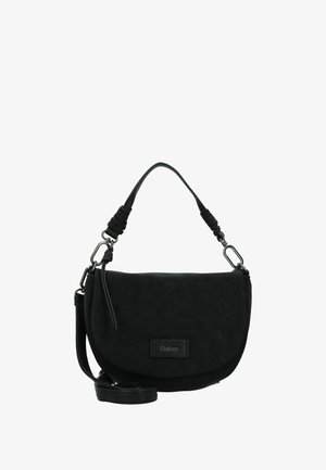Schwarze Wildleder-Handtasche mit geschwungener Form, einem oberen Griff und einem abnehmbaren Schulterriemen. Mit einem markierten Lederpatch und silbernem Zubehör.