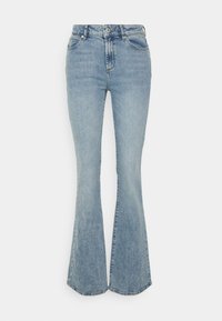Jeans azuis claros em corte flare com uma cintura alta, feitos de denim. Apresenta detalhes de costura e um design clássico de cinco bolsos.