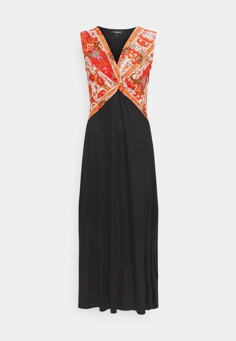 Robe maxi avec une jupe noire et un bustier à motifs colorés dans des tons de rouge et d'orange, dotée d'un décolleté en V profond et d'un détail torsadé à la taille.