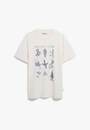 T-shirt crème à manches courtes présentant un design d'illustration botanique en violet, avec le texte "PRÉSERVER LA NATURE" et une mise en page en grille.