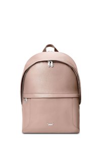 Light pink leather backpack with a rounded design, two zippered compartments, and a small logo on the front; smooth texture.