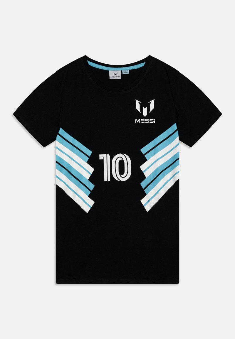 Black cotton t-shirt with short sleeves. Features blue and white diagonal stripes and the number "10" printed in white. Logo on the chest.