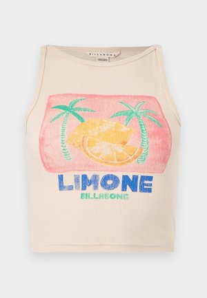 Crop top beige côtelé avec un graphisme coloré de tranches de citron, deux palmiers et les mots « LIMONE » et « BILLABONG » à l'avant.