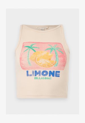 Crop top beige côtelé avec un graphisme coloré de tranches de citron, deux palmiers et les mots « LIMONE » et « BILLABONG » à l'avant.