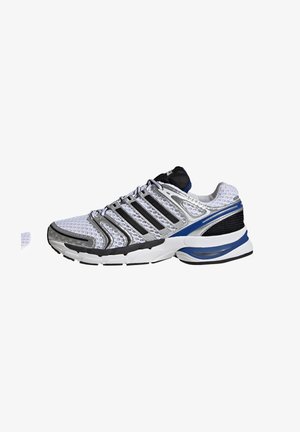 White athletic shoe with a mesh upper, black stripes, blue accents, cushioned sole, and textured detailing on the toe and heel.