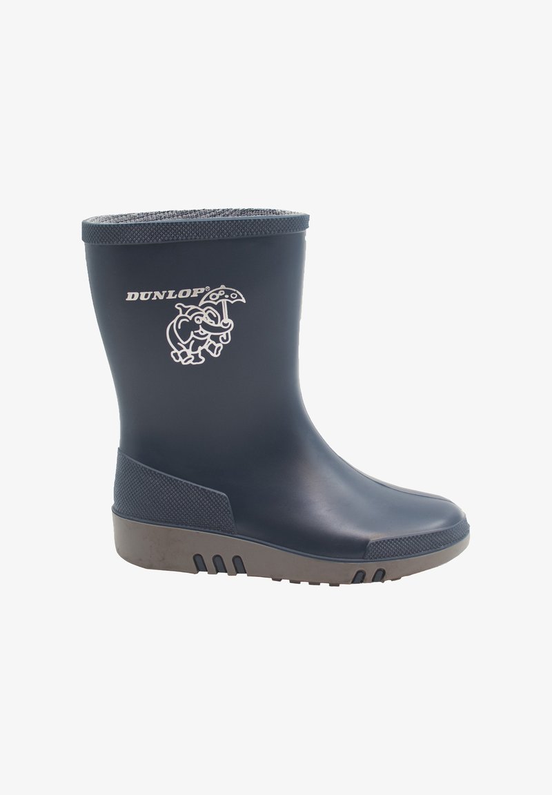 Marineblaue Gummistiefel mit einem strukturierten grauen oberen Umschlag, der ein weißes Elefantenlogo trägt, und einer robusten braunen Sohle mit Profilmuster.