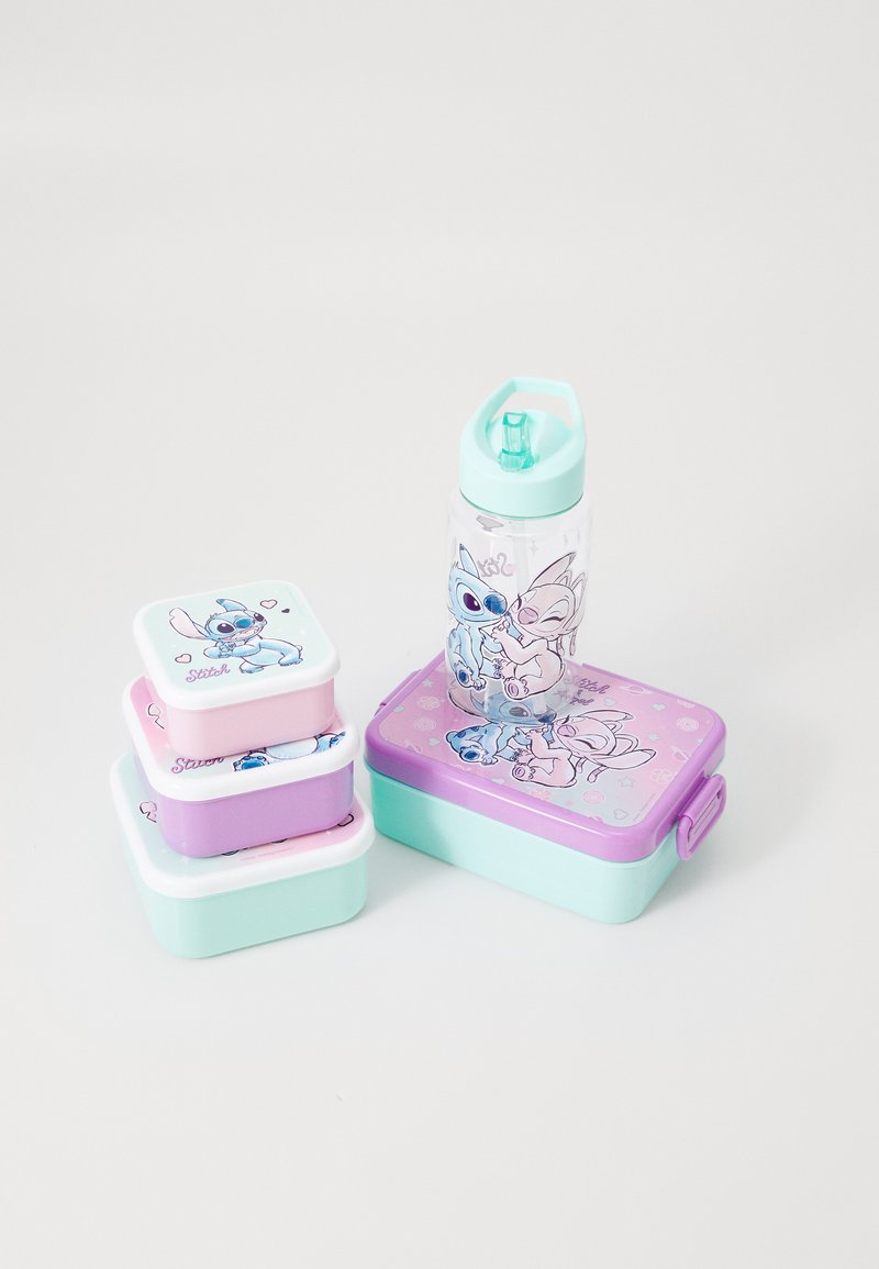 Set di quattro contenitori per il pranzo e una borraccia. Contenitori nei colori pastello rosa, viola e verde menta, con design di personaggi dei cartoni animati.