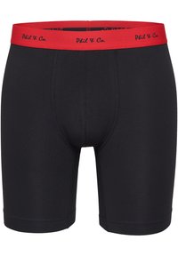 Svarta boxerkalsonger av stretchmaterial, med ett rött elastiskt midjeband där texten "Phil & Co." är broderad i svart.