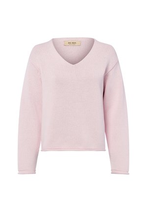 Hellrosa gestrickter Pullover mit V-Ausschnitt, langen Ärmeln und geradem Saum, auf weißem Hintergrund präsentiert.