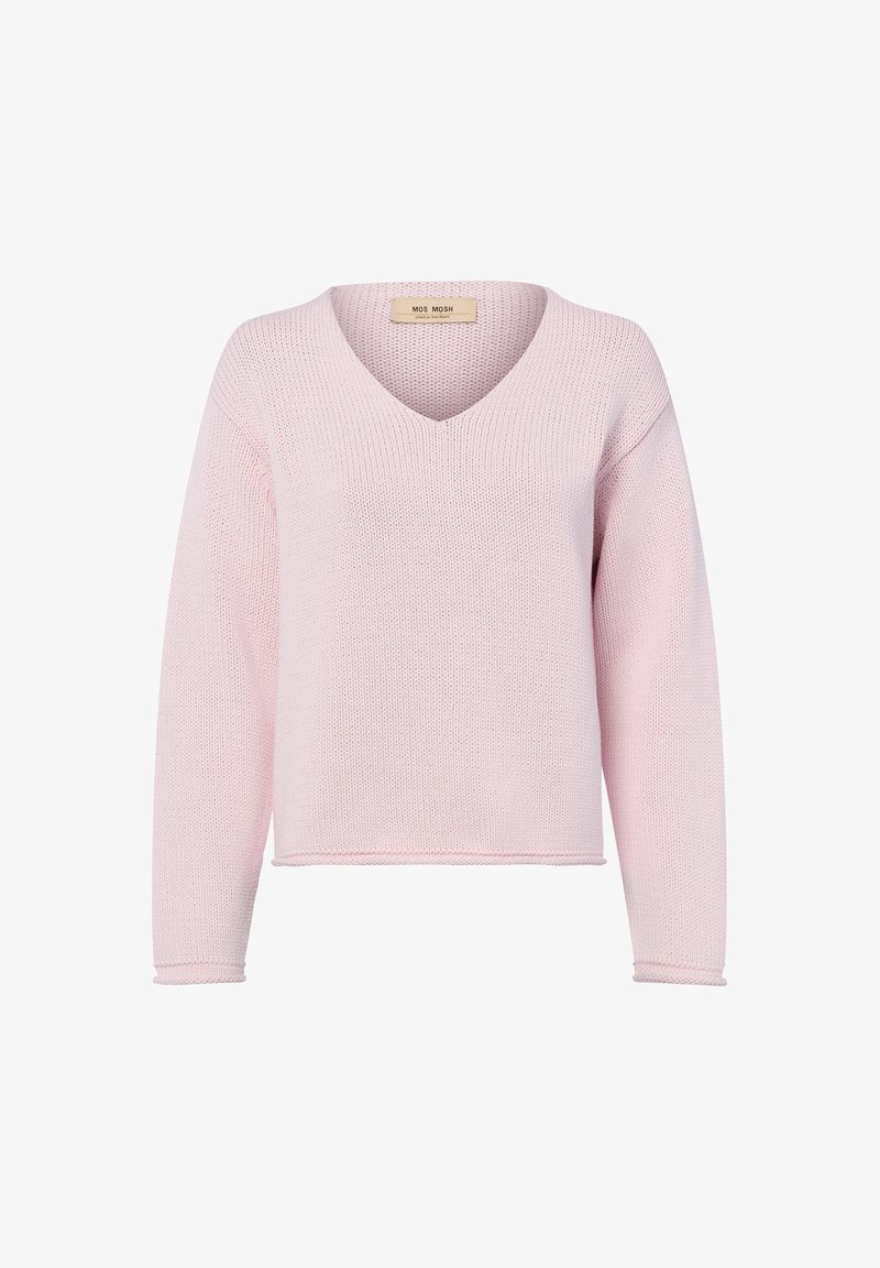 Lichtroze gebreide V-hals trui met lange mouwen en een rechte zoom, weergegeven op een witte achtergrond.