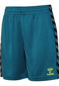 Tealfärgade träningsshorts med svarta mönstrade sidopaneler och en gul logotyp. Gjorda av mjukt tyg med elastisk midjeband för bekvämlighet.