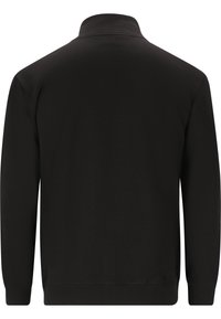 Sort langærmet pullover med høj krave, lavet af et glat stof. Funktioner inkluderer ribbede manchetter og kant samt sømløse skuldre.