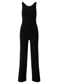 Jumpsuit negro de canalé con escote redondeado, cuerpo ajustado y pantalones de pierna ancha, con una textura suave y cinturilla elástica.