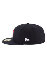 Black fitted cap with a flat brim, featuring a red embroidered logo on the front and a white logo accent on the side.