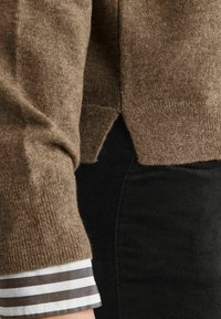 Brun tröja med en mjuk textur, med en sidospalt och en fåll som kurvar uppåt. Under den, en randig skjorta med vita och mörka ränder.