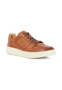 Brown leather sneaker with perforated details, brown laces, and a white rubber sole. Features a rounded toe and smooth texture.