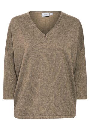 Beige színű V nyakú pulóver háromnegyedes ujjakkal, bordázott textúrával és laza szabással a kényelemért. A címke a "Saint" márkát és az "M" méretet mutatja.