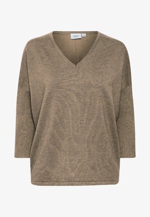 Beige V-Ausschnitt-Pullover mit Dreiviertelärmeln, der eine gerippte Textur und einen lockeren Sitz für Komfort aufweist. Das Etikett zeigt die Marke "Saint" und die Größe "M".
