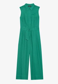 Green sleeveless jumpsuit with a collared neck, belted waist, wide legs, textured fabric, and a smooth finish.