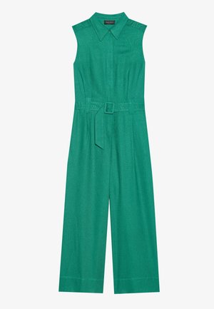 Grønn ermeløs jumpsuit med kragehals, beltestropp i midjen, vide ben, teksturert stoff og en glatt overflate.