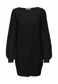 Maglione nero lavorato a maglia con scollatura ampia, maniche lunghe a sbuffo e orlo a coste. La texture è spessa e vestibilità larga.