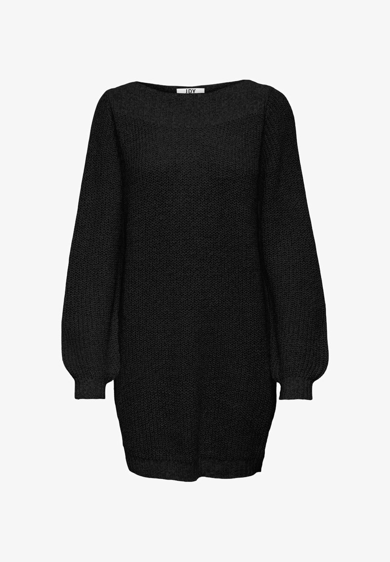 Maglione nero lavorato a maglia con scollatura ampia, maniche lunghe a sbuffo e orlo a coste. La texture è spessa e vestibilità larga.