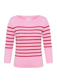 Pull rose à manches longues avec des rayures rouges horizontales et un large col rond.