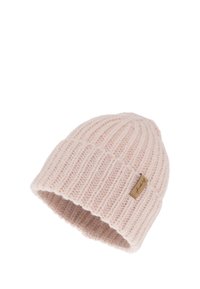 Cappellino rosa in maglia a coste realizzato con filato morbido, caratterizzato da un risvolto piegato e un piccolo tag in pelle con il marchio sul lato.