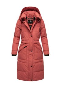 Lange, gewatteerde pufferjas met capuchon in koraalkleur met doorgestikte textuur. Bevat twee voorkeurszakken, een drukknoopsluiting en elastische manchetten voor warmtee.