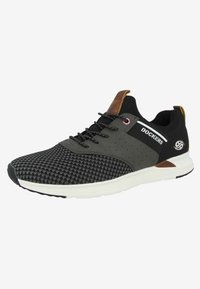 Black and gray athletic shoe with a textured knit upper, perforated detailing, and a brown leather accent on the heel. White sole.