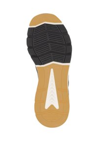 La suola della scarpa presenta una superficie in gomma nera testurizzata con un motivo a spina di pesce, una soletta bianca e beige e un caratteristico dettaglio bianco angolato.