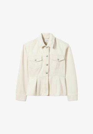 Giacca di denim color crema con collo a risvolto, bottoni a pressione frontali, due tasche sul petto e dettaglio a vita peplum.