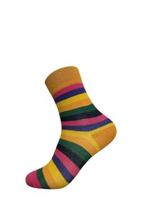 Calcetín a rayas con base amarilla y franjas multicolores en rosa, verde, morado y negro. Fabricado con un tejido suave y elástico.