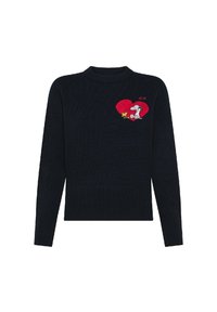 Maglione blu scuro con orlo e polsini a coste. Presenta un design di un cuore rosso con un cartone animato di Snoopy e un personaggio giallo. Materiale in maglia morbida.