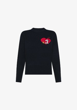 Maglione blu scuro con orlo e polsini a coste. Presenta un design di un cuore rosso con un cartone animato di Snoopy e un personaggio giallo. Materiale in maglia morbida.