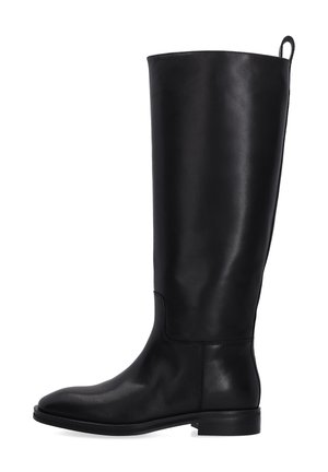 Tall black leather knee-high boot with low heel and pull tab at the back, shown from the side on a white background.