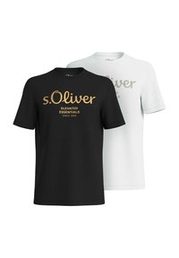 Two short-sleeve t-shirts, one black with gold lettering and one white with grey lettering, featuring a crew neck and relaxed fit.