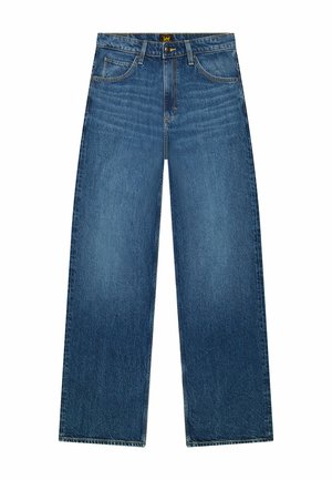 Jeans blu in denim a gamba dritta con cinque tasche e passanti per cintura, caratterizzati da chiusura con bottone e cerniera e da un'etichetta del marchio Lee sulla vita.