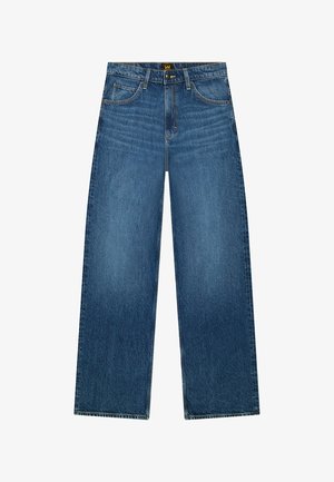 Proste niebieskie dżinsy z denimu z pięcioma kieszeniami i szlufkami na pasek, z zapięciem na guzik i zamek błyskawiczny oraz metką marki Lee na pasku.