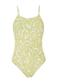 Eén-delig zwemkostuum in lichtgroen met witte abstracte patronen. Beschikt over dunne verstelbare banden en een gladde textuur.