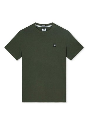 Temnozeleni kratki rokavi t-shirt s okroglim izrezom in majhnim kvadratnim logotipom na levem prsnem delu.