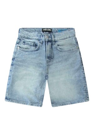 Lichtblauwe denim shorts met een vijf-pocket ontwerp, lichte vervaging, knoopsluiting en ri loops. Gladde textuur met gestikte accenten.