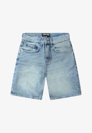 Lichtblauwe denim shorts met een vijf-pocket ontwerp, lichte vervaging, knoopsluiting en ri loops. Gladde textuur met gestikte accenten.